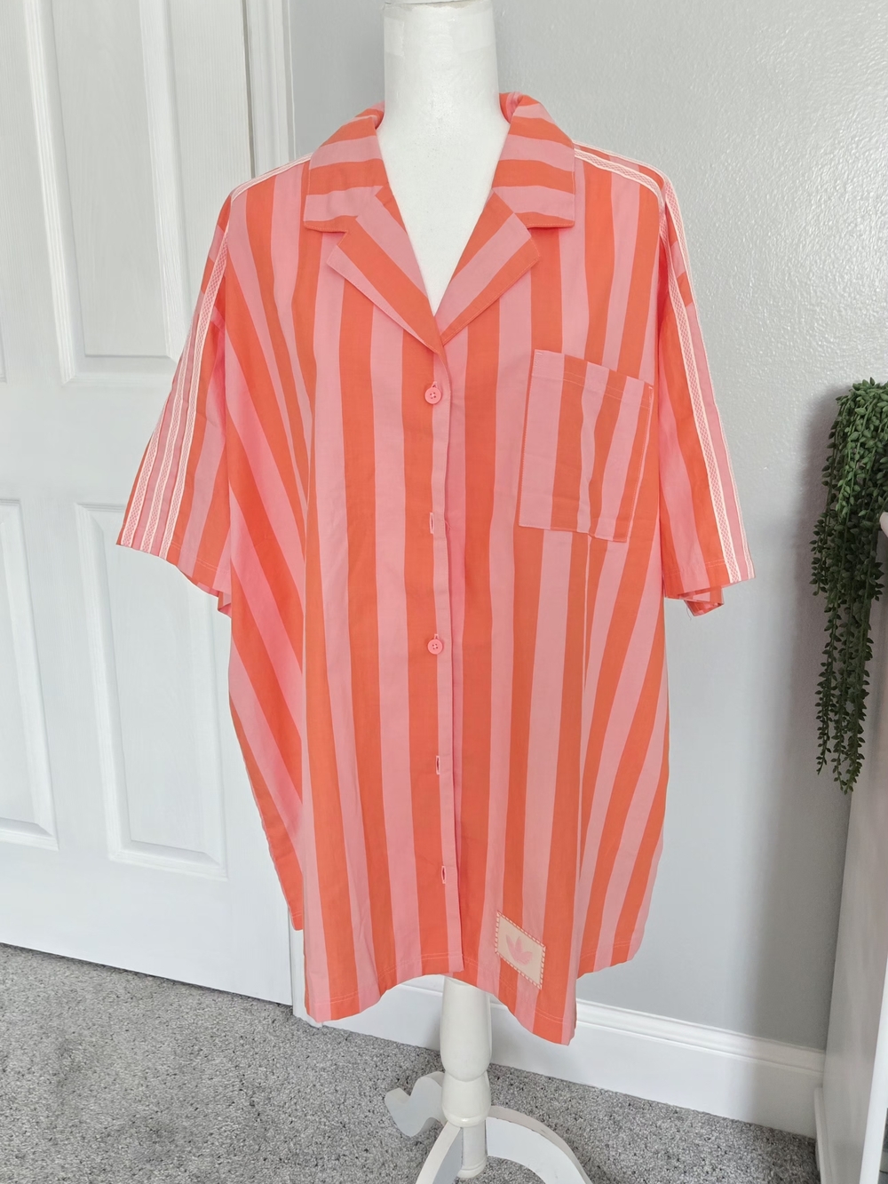 NWT Adidas Originals "Summer Glow" Striped Resort Shirt - Pink & Orange  Size XL